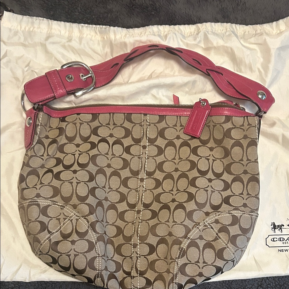 Coach Brown Signature Canvas Shoulder Bag with Pink Trim